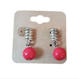 Y2K Silver Tone Coil Spring Dangle Drop Earrings Red Bead Retro